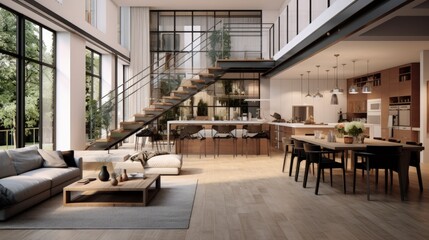 Poster - Contemporary two story apartment with chic living area connected to kitchen and staircase