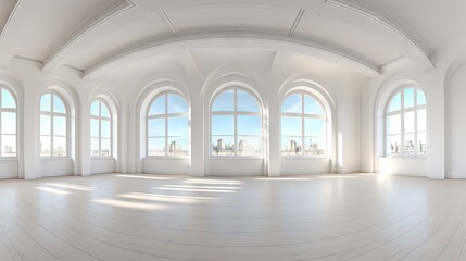 Leinwandbilder - Empty white room with panoramic windows and seamless spherical HDRI panorama for office or store