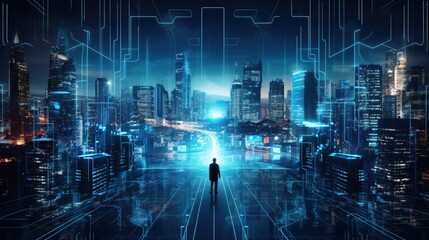 Poster - Futuristic metaverse city with AI robots digital technology and cybersecurity