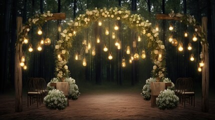 Poster - Rustic forest wedding with light bulb lit arch and guest seating