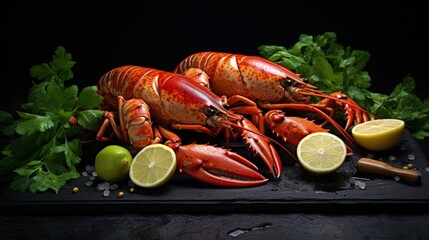 Fototapete - Boiled shellfish with lemon and basil on black slate Side view