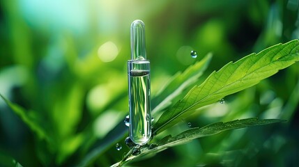 Aufkleber - Using a pipette extract serum or oil onto green leaves with water drops in the backdrop Emphasizing organic or vegan cosmetics focus is selective Close up