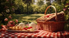 Garden Picnic With Fruit Bakery And Red Cloth