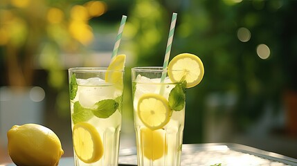 Aufkleber - Outdoor close up of two glasses of homemade mint lemon and lime lemonade with metal straws in summer