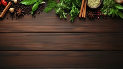 Aufkleber - Herbs and spices on wooden surface viewed from above with space for text