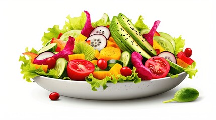 Poster - Healthy vegan salad with a variety of fruits vegetables and avocado on white background