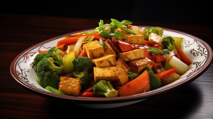 Asia restaurant s popular vegetarian menu Mixed veggies chili and tofu on a plate