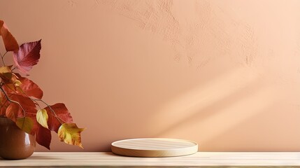 Poster - Presentation mock up for branding products with cosmetics food and jewellery Empty table against a bright brown wall backdrop Composition includes leaf shadows on the wall and a wooden desk
