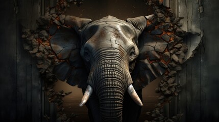 Poster - Black Elephant emerging from wallpapered walls 3D illustration with stunning backdrop texture