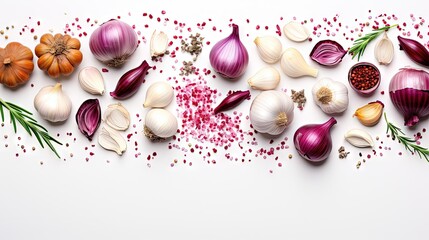 Poster - Top view of red onions garlic and spices arranged diagonally on a white background