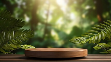 Poster - Nature leaves background blurred 3D rendered wooden display podium