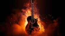 Surreal Acoustic Guitar With Fire Effects In A Dark Background With Copy Space