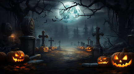 Wall Mural - A spooky cemetery at night with carved pumpkins and a full moon