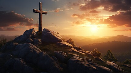 Poster - Cross of Jesus on hill outdoors at sunset