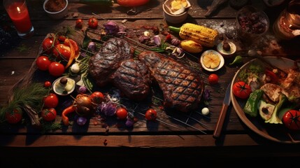 Leinwandbilder - Bird s eye view of grilled steak chicken and vegetables on a rustic wooden table at a BBQ party