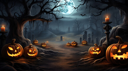 Wall Mural - A spooky Halloween scene with glowing pumpkins and a full moon