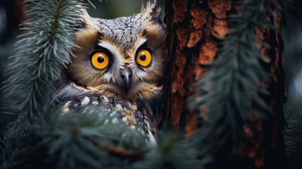 Poster - Concealed image of owl with large orange eyes behind tree trunk wild creature in natural environment Sweden