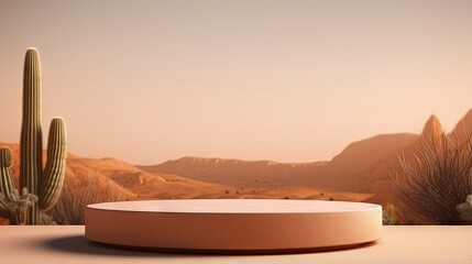 Poster - Minimal display podium with cactus desert backdrop rendered in 3D