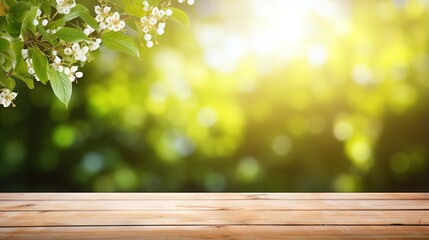 Poster - Spring background with fresh foliage wooden table and natural sunlight creating a beautiful outdoor setting