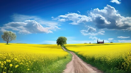 Poster - Picturesque nature landscape with yellow fields a road and a stunning valley in bloom