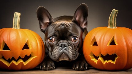 Poster - Frightened French bulldog next to a pumpkin isolated on white background