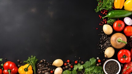 Poster - Top down view of a vibrant vegetarian feast table Emphasizing healthy eating choices with room for text Black chalkboard serves as backdrop