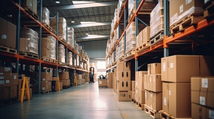 Poster - Hazy commercial warehouse with stacked crates and shelves