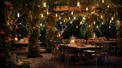 Aufkleber - Enchanting garden wedding with rustic tables hanging lights flowers chairs and an open air ceremony