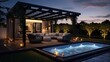 © vxnaghiyev - Dusk view of a bioclimatic pergola with a black iron frame glass blades jacuzzi sofa and swimming pool