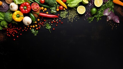 Poster - Top down view of a vibrant vegetarian feast table Emphasizing healthy eating choices with room for text Black chalkboard serves as backdrop