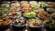 Arranged salads on buffet with receding perspective