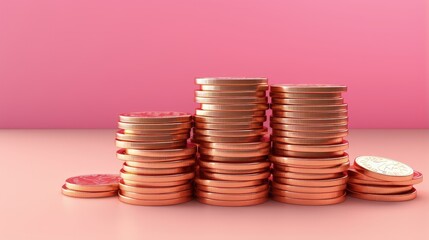 Poster - Budget friendly idea Stacked coins and money bundles on pink backdrop 3D rendering
