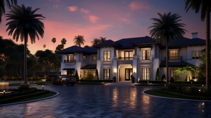 Poster - Luxurious house with wide driveway and vibrant sunset backdrop