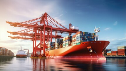 Poster - International shipping depot for trade handling cargo ships at a sea port providing logistics and transportation services