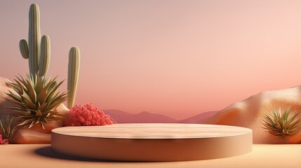 Poster - Minimal display podium with cactus desert backdrop rendered in 3D
