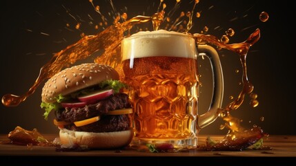 Poster - Pouring beer over gourmet hamburgers