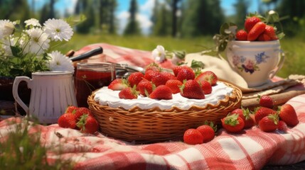 Leinwandbilder - Fresh strawberry and cream homemade pie served in a picnic basket