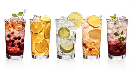Poster - Refreshing summer drinks like sangria lemonade iced chocolate and mojito displayed on a white background with ice cubes