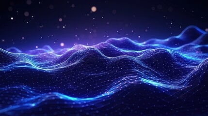 Poster - AI technology and 3D illustrated music waves are utilized for digital communication and scientific research in the flow of big data through blockchain data fields connected via network lines