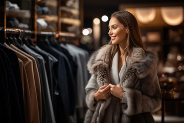 Woman in a winter clothing store. Winter sale, New Year's discounts