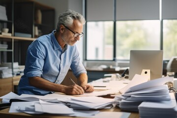 Business manager in blue shirt is works with business documents in the office