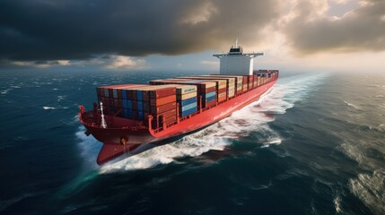 Poster - Container cargo ship sailing quickly over cloudy ocean in front view