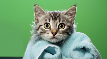Poster - Adorable gray kitten wet after bath wrapped in green towel with big eyes on blue background