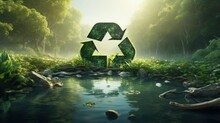 3D Rendering Of A Recycling Symbol In A Pond Within A Pristine Jungle Symbolizing The Eco Friendly Plea To Recycle And Reuse