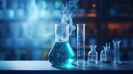Leinwandbilder - Chemistry lab photoshoot with blue chemical reaction test tube and blank background for advertising
