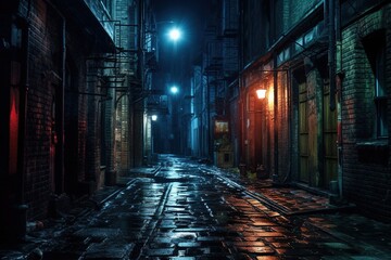 An empty, dark alleyway street with old city houses on a rainy night