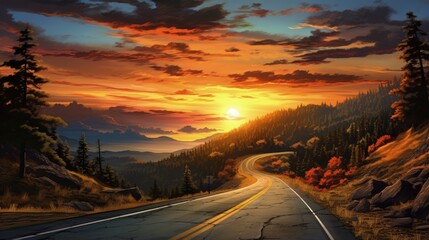 Aufkleber - Road with picturesque landscape and sunrise