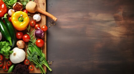 Poster - Top view of rustic vintage cutting board surrounded by fresh vegetables and ingredients ideal for vegan and healthy cooking
