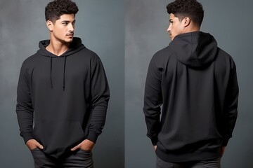 Wall Mural - Young man wearing long sleeve hoodie sweatshirt Side view, back and front view mockup template for print t-shirt design mockup