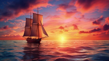 Aufkleber - Sailboat sailing against colorful sunset on ocean
